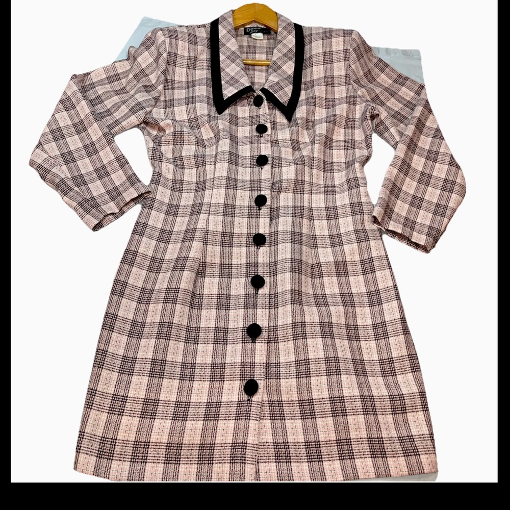 90s PLAID pink Black Pointed Collar Button Up DRESS sz 14 legally blonde USA y2k
